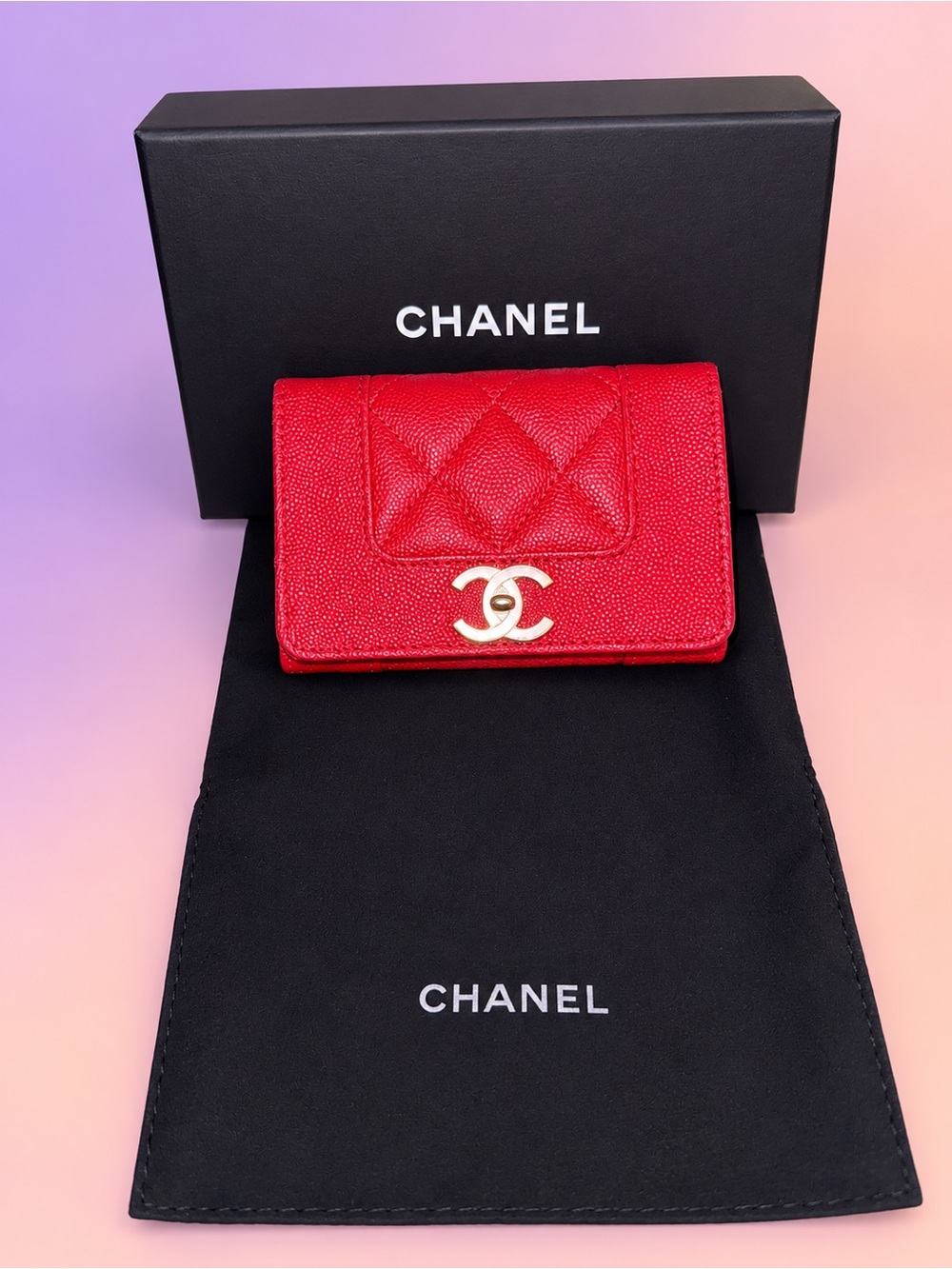 CHANEL Red Le Boy Quilted Card Case with Gold & Red CC Emblem